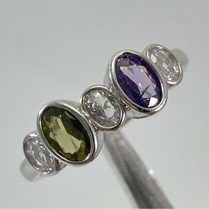 Beautiful Trendy Oval Cut Purple Green White Diamond CZ Silver Plated Ring Band